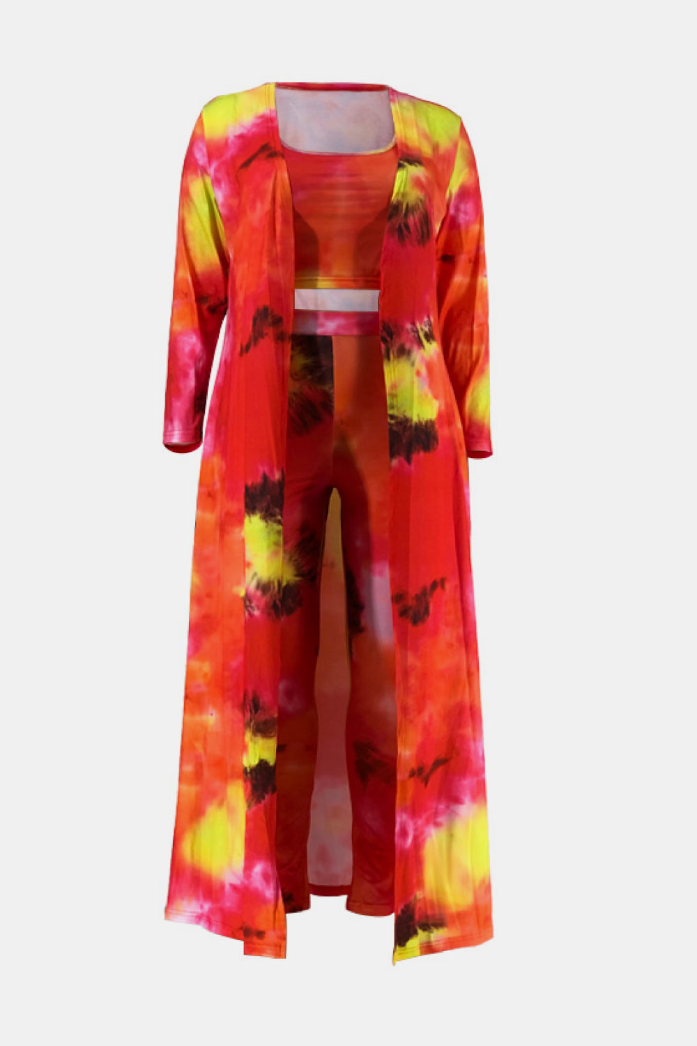 Plus Size Tie-Dye Sports Bra, Leggings, and Duster Kimono Set