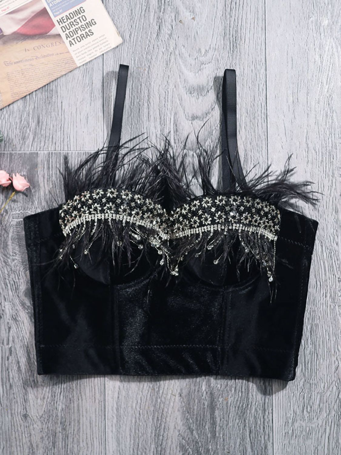 Rhinestone Feather Trim Fringe Bustier