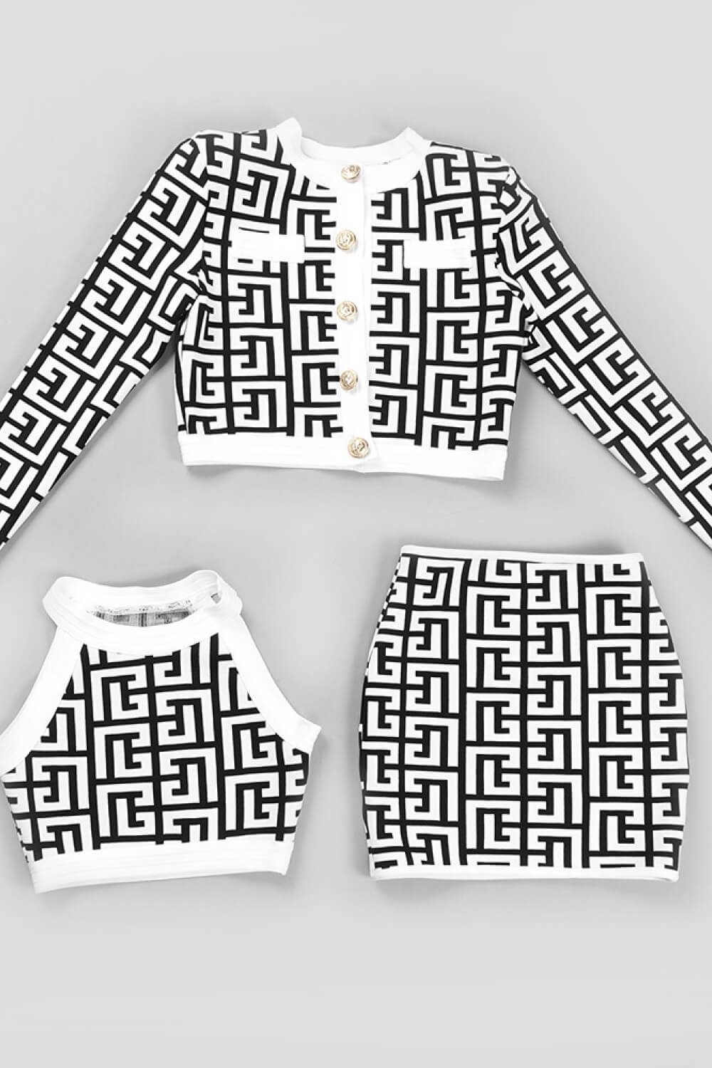 Printed Button Front Jacket, Sleeveless Top, and Skirt Set