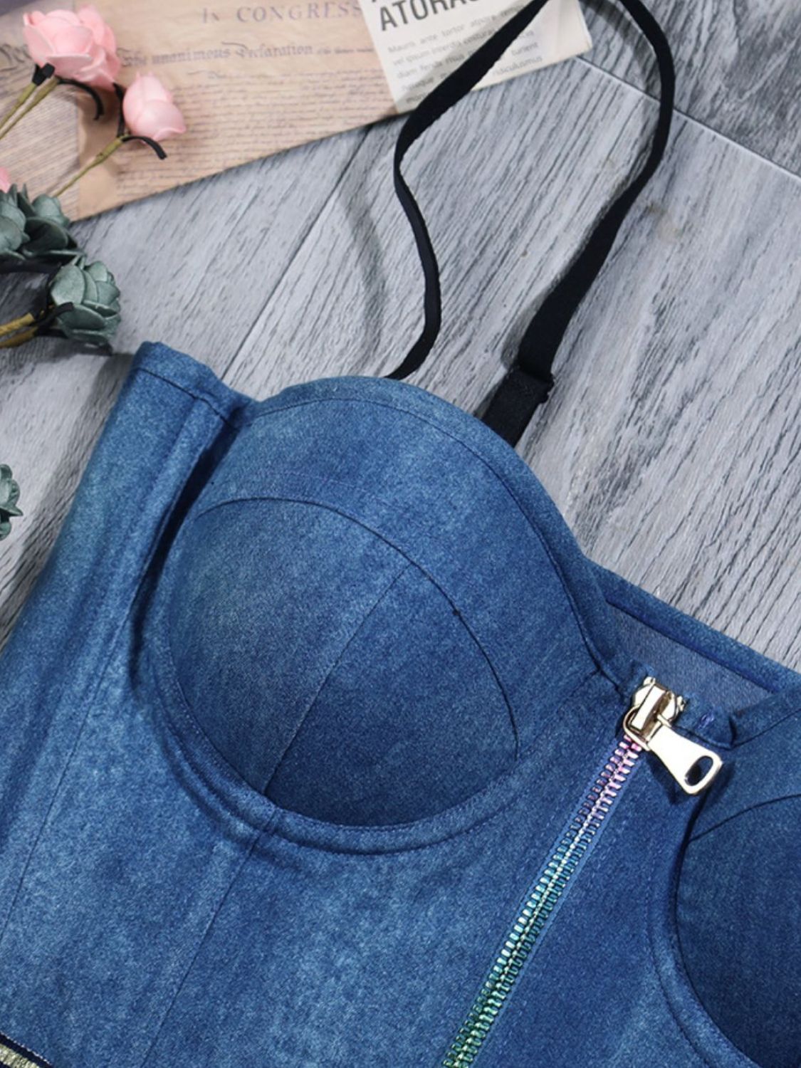 Zip-Front Raw Hem Denim Bustier