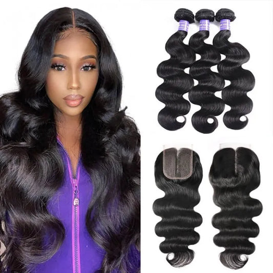 38 40inch Body Wave Bundles With Closure Brazilian Remy Human Hair Bundles With Closure 3 Bundles With T Part Closure For Women
