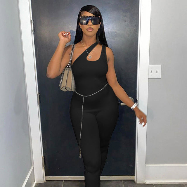 One Shoulder Skinny Jumpsuits Hollow Out White Jumpsuit Solid Workout Overalls For Women Casual Outifits Clothes