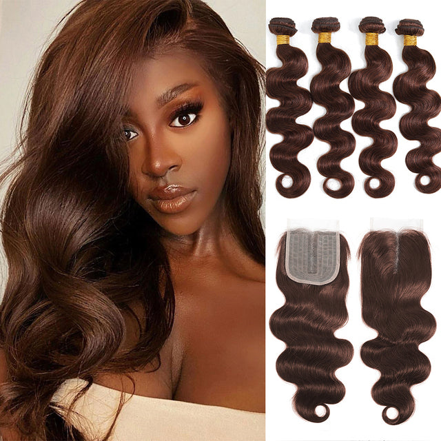 Colored Bundles With Closure Body Wave Brazilian Human Hair Weave Bundles T Lace Closure Remy Ombre Brown Straight Extension