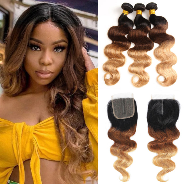 Colored Bundles With Closure Body Wave Brazilian Human Hair Weave Bundles T Lace Closure Remy Ombre Brown Straight Extension