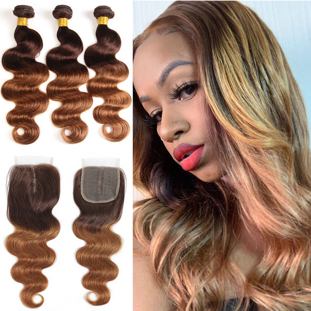 Colored Bundles With Closure Body Wave Brazilian Human Hair Weave Bundles T Lace Closure Remy Ombre Brown Straight Extension