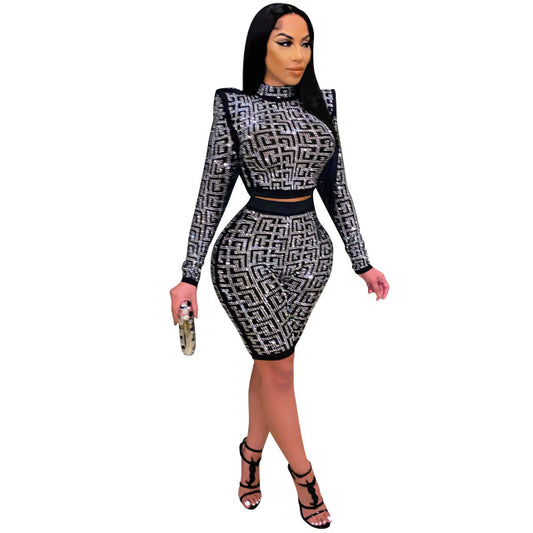 Women Set Diamonds Half High Collar Long Sleeve Crop Top Knee Length Pant Two Piece Set Sexy Club Suit