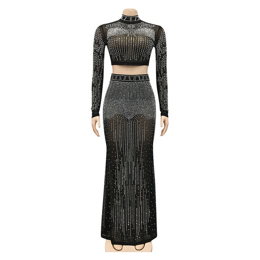 Sexy Mesh Hot Drilling See Through Skirt Set Women Crystal Long Sleeve Top And Maxi Skirt Suits Clubwear Outfits