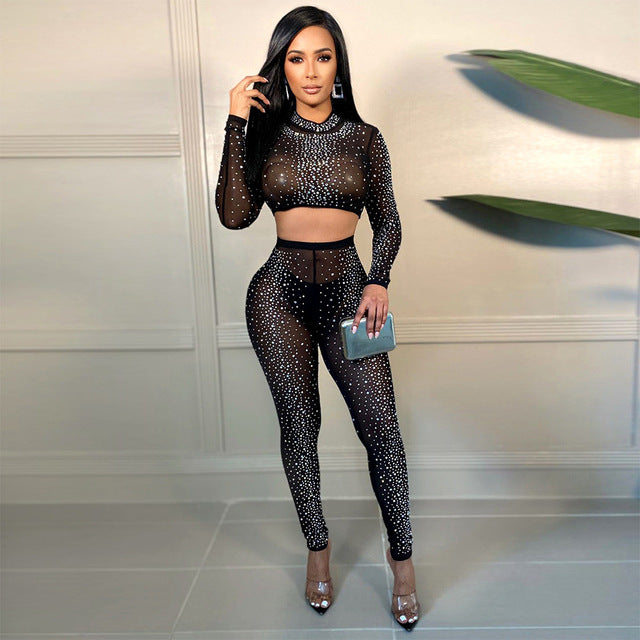 Women Set Diamonds Half High Collar Long Sleeve Crop Top Knee Length Pant Two Piece Set  Sexy Club Suit