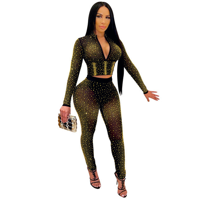 Women Set Diamonds Half High Collar Long Sleeve Crop Top Knee Length Pant Two Piece Set  Sexy Club Suit