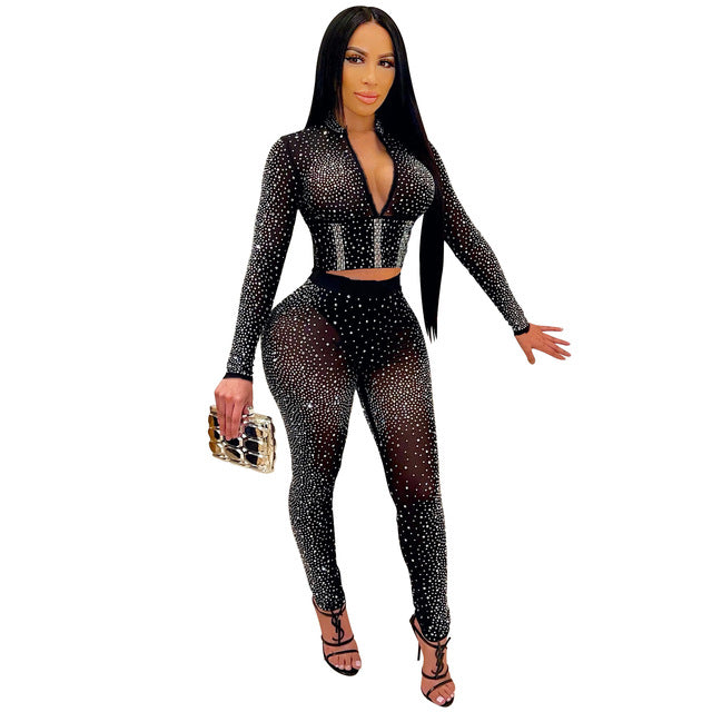 Women Set Diamonds Half High Collar Long Sleeve Crop Top Knee Length Pant Two Piece Set  Sexy Club Suit
